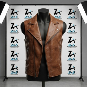 Chaleco de cuero PU para hombre, estilo motorista, con cuello vuelto y cierre de cremallera, color marrón liso, para otoño, venta al por mayor - Product Image 1