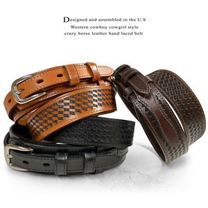 Genuine Full Grain Leather Basketweave Tooled Engraved Western Ranger Belt in Black/<b>Brown</b>/<b>Tan</b> - Product Image 3