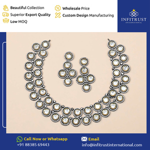 Fabricante indio líder, ampliamente vendido, pendientes de Polki de forma redonda con piedras de Polki, conjunto de collar con acentos de borde para mujer - Product Image 2