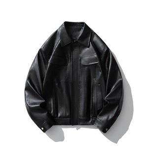 Chaqueta Bomber de piel de oveja para hombre, ropa de calle Vintage, marrón, negro, con cremallera, abrigo de motorista, solapa, tela de lona, estilo motocicleta - Product Image 2
