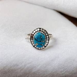 Anillo fino de Plata de Ley 925 hecho a mano de diseñador turquesa con ajuste de bisel de diamante de corte ovalado Natural joyería elegante - Product Image 5