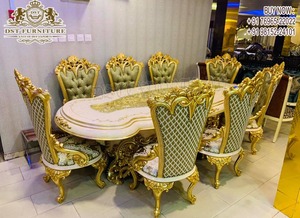 Table et chaises de salle à manger en teck au look riche, style classique, meubles de salle à manger sculptés à la main, table de salle à manger sculptée lourde, finition dorée polie - Product Image 3