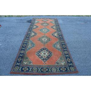 Grand tapis turc de 4,3 x 10,7 pieds, tapis en laine vintage orange et bleu patchwork - Product Image 1