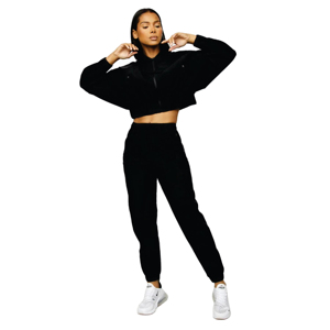 ชุดวอร์มลำลองสำหรับผู้หญิง ระบายอากาศได้ดี สีดำ ทรงปกติ มีฮู้ด กางเกงขายาวทรงตรง ชุดออกกำลังกายสองชิ้น ผลิตตามสั่ง 100% - Product Image 1