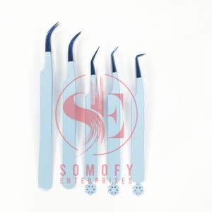 Pinzas de extensión de pestañas de acero inoxidable azul cielo de etiqueta privada puntas de fibra de volumen profesional alta cantidad fondo nuevo único - Product Image 2