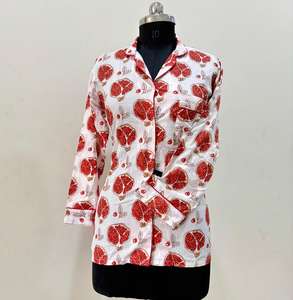 Womens White Cotton Shirt with <b>Red</b> Pomegranate Print Long Sleeve Button Down <b>Top</b> - Product Image 1