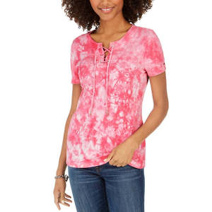 T-shirt da donna Tommy Hilfiger aderente tie-dye in jersey di cotone traspirante con decorazioni in strass e lacci, taglia XL, rosa - Product Image 1
