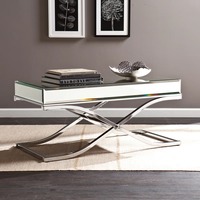 Meubles de salon modernes et écologiques, table basse extensible avec pieds croisés, miroir glamour, métal, ton argenté, M.R. ARTISANAT