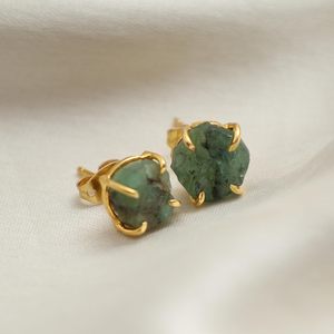 8-10mm Raw Emerald <b>Stud</b> Earrings Classic Gold Plated <b>Sterling</b> <b>Silver</b> Prong Setting Elegant Handmade Birthstone Jewelry Raw - Product Image 4