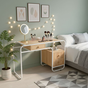 Natural Wood Makeup Vanity <b>Table</b> with Iron Frame & Lighted <b>Mirror</b> BTD68063 - Product Image 3