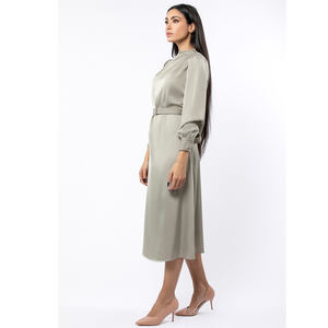 2024 robe de mode européenne et américaine OEM ODM manches longues solide Mono couleur femmes robe en Satin avec ceinture sur la taille - Product Image 5