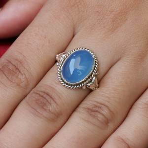 925 argent Sterling plaqué naturel bleu calcédoine Marquise lunette réglage 8x10mm bague à la main bijoux à la mode pour les femmes - Product Image 6