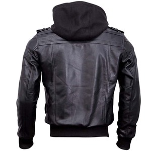 Chaqueta de Cuero Bomber Negra con Capucha Desmontable para Hombre, Chaquetas de Cuero Marrón Encerado de Piel de Cordero Auténtica para Hombre - Product Image 4