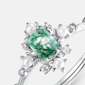 แหวนหมั้นงานแต่งงานของผู้หญิงสีเงินสเตอร์ลิงและสีทอง925วินเทจเพชรสังเคราะห์สีเขียวมอสสีเขียวอาเกตเซอร์โคเนียแหวนไข่มุก - Product Image 2