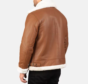 Blouson aviateur en sherpa pour homme personnalisable, en cuir véritable, doublure en fausse fourrure de mouton, respirant, coupe-vent, fermeture éclair, col à boucle - Product Image 5