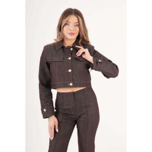 LUSTRIN Women's Gold Buttoned Brown <b>Denim</b> <b>Jacket</b> and Pants Two-Piece Set - Stylish Casual Co-ord Outfit for All Seasons - Product Image 2