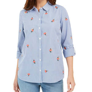 Camicia Lunga da Donna Charter Club in Cotone Ricamato a Righe, Taglia Unica, Stampa Floreale Blu-Bianca Disponibile, Seta Satinata, Taglie dalla Petite alla XL - Product Image 1