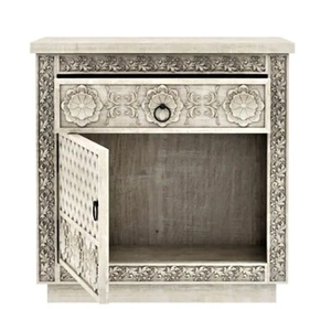 Rắn Gỗ Tếch đầu giường thủ công whiteashed chạm khắc Bàn Cạnh Giường ngủ với ngăn kéo cho phòng ngủ trang trí nội thất cho căn hộ nhà sử dụng - Product Image 1