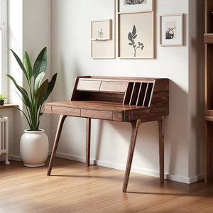 Warm Brown <b>Solid</b> <b>Wood</b> Rectangle Writing <b>Desk</b> Spacious Natural-Grain Work Surface Stable Computer <b>Desk</b> with 1-Year Warranty - Product Image 2