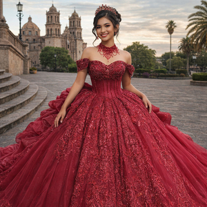 Robe de bal Quinceañera élégante rouge à volants et décolleté cœur avec corset, perles et appliqués, taille naturelle, écologique - Modèle XS262 - Product Image 1