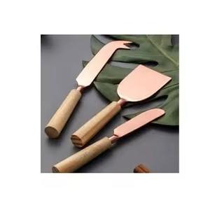 Manche en bois d'acacia, acier inoxydable, or rose, poli miroir, trancheuse à beurre, couteau de mariage, trancheuse à fromage - Product Image 1