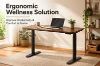 Bureau debout électrique minimaliste en acier et bois à double moteur dissimulé, 3 positions, pieds ovales, stable, hauteur réglable, ergonomique, assis-debout