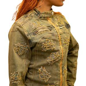 Veste en jean délavée pour femmes, fermeture éclair sur le devant, coupe ajustée, style vintage, décontractée, streetwear - Product Image 2