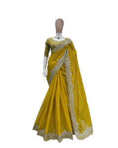 Vichitra Soie Saree pour Adultes Élégance Exquise Redéfinie-Lourde Zari Bordure Pierre Travail Jumelé Vintage Correspondant Blouse Parties - Product Image 1