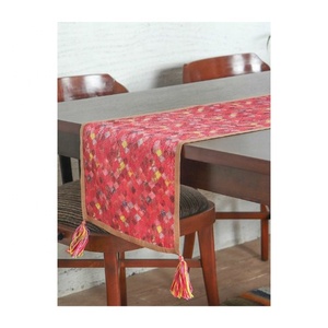 Red Floral Embroidered Tasselled 100% Organic Cotton GOTS Certificate Event Luxury Dining <b>Table</b> Runner Interior Decorative Sets - Product Image 1