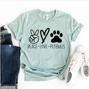 Camiseta Animada de Algodón Transpirable para Mujer con Estampado de Pitbulls 'Peace Love', Tallas XXS-4XL, Estilo Veraniego Lindo con Patrón de Animales y Letras - Product Image 1