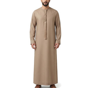 Nouvelle conception de Kandura émirati en coton pour hommes, style classique Thobe arabe sans col, avec franges sur le devant, respirant, léger, longueur cheville - Product Image 1