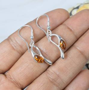 Pendiente de gancho con forma de marquesa de ámbar Báltico Natural de sólida plata de ley 925 - Product Image 3
