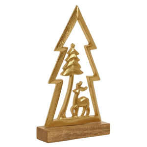 Finest Quality Gold Metal <b>Christmas</b> <b>Tree</b> Sculpture With Reindeer Figurine On Mango Wood Base <b>Modern</b> Table Decoration Home Accent - Product Image 1