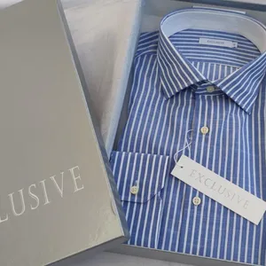 Men shirt in 100% high quality slub cotton white blue stripes following the Made in Italy tradition export