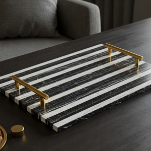 Bandeja de mármol blanco y negro de primera calidad para pedidos a granel, precio de fabricante, manijas de latón de lujo, platos de gama alta para eventos de hoteles - Product Image 4