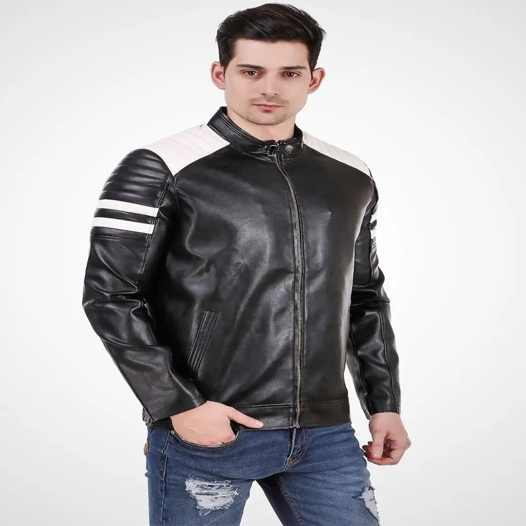 Black and White Design Faux Men leather Jacket Regular Fit Full Sleeve Zip Closure Winter Season Youth Biker Jackets