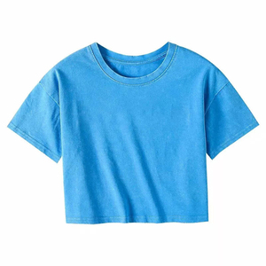 Summer Whole Sale Custom Women Vintage <b>Distressed</b> Crop <b>Top</b> Tee Shirt O-neck Acid Washed Crop <b>Top</b> Tee T Shirt for Female - Product Image 3