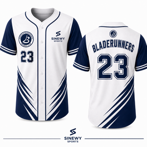SINEWY SPORTS Men's Baseball Jersey Bladerunners 23 Sublimated <b>White</b> Navy Moisture Wicking Short Sleeve Regular Fit - Product Image 1