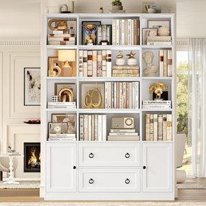 Estantería Grande Blanca de Madera con Armario de Almacenamiento y Cajones, Librería con Estantes Abiertos para el Hogar, Oficina o Sala de Estar - Product Image 1