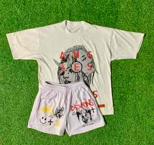 Ensemble short et t-shirt surdimensionné en coton à encolure en O et short pour hommes, vêtements de ville d'été à motif uni et à blocs de couleurs, prix de gros - Product Image 1