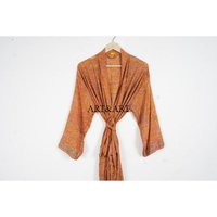 Kimono Japonés Vintage Amarillo Hecho a Mano 100% Seda para Mujer, Estilo Bohemio, Largo, Elegante, Suave, Transpirable y de Secado Rápido