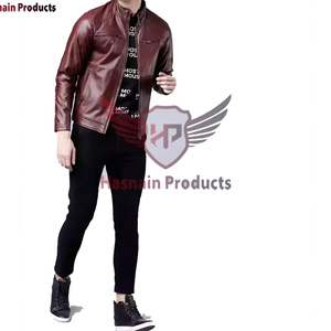 <b>Mens</b> Real Maroon Leather <b>Jacket</b> Quilted Shoulder Band Collar Sheepskin Burgundy Cafe Racer Coat Custom Biker Winter Outerwear - Product Image 5
