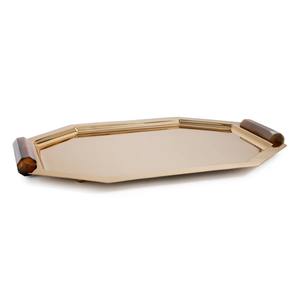 Ensemble de 3 plateaux en bois avec poignées dorées et finition miroir, parfaits pour la maison, pour servir des collations, des boissons, des apéritifs et des desserts au quotidien. - Product Image 4