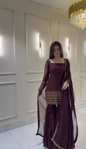 Unity Luxure Women's Solid Embroidered Lace Short Wine Color 100% Silk Kurta Sharara <b>Set</b> with Dupatta Premium Festive Party Wear - Product Image 2