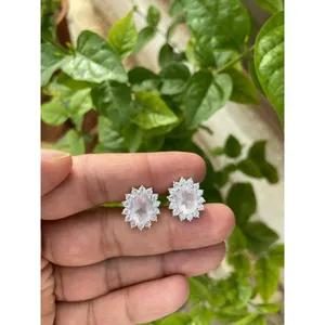 925 Silver Rose Quartz <b>Stud</b> <b>Earrings</b> with Gold Plating Cute Flower Shape for Wedding Engagement or Anniversary - Product Image 3