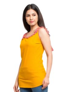 Ensemble long 2 pièces en coton slub uni imprimé de qualité supérieure pour femmes/filles, confortable, couleur jaune, manches trois quarts, col rond - Product Image 4