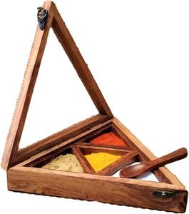 Handcrafted <b>Wooden</b> Masala Dabba <b>With</b> Brass Lock And <b>Lid</b> Decorative <b>Wooden</b> Spice <b>Box</b> <b>With</b> Hand Carved Floral Design - Product Image 1