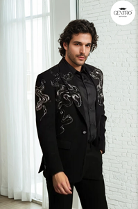 Black Designer Hand Embroidered Tuxedo, Traditional Groom Black <b>Jacket</b> Wedding Indian <b>Jacket</b> <b>Men's</b> Suit - Product Image 5