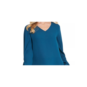 Camicetta da donna DKNY a maniche plissettate, blu XX-Large, con logo ricamato, decorazioni in pizzo con paillettes, vestibilità ampia, in chiffon popeline tinta unita - Product Image 2