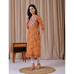 Kurti droit en coton jaune imprimé au bloc, style décontracté pour le club, conception personnalisée ODM, respirant et longueur au sol - Product Image 5